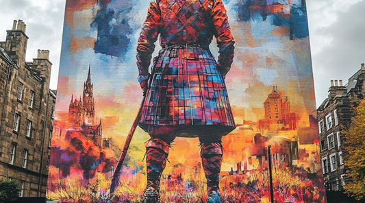 Colorful mural of a Highland warrior in a kilt standing with a sword, set against a vibrant Scottish city backdrop.