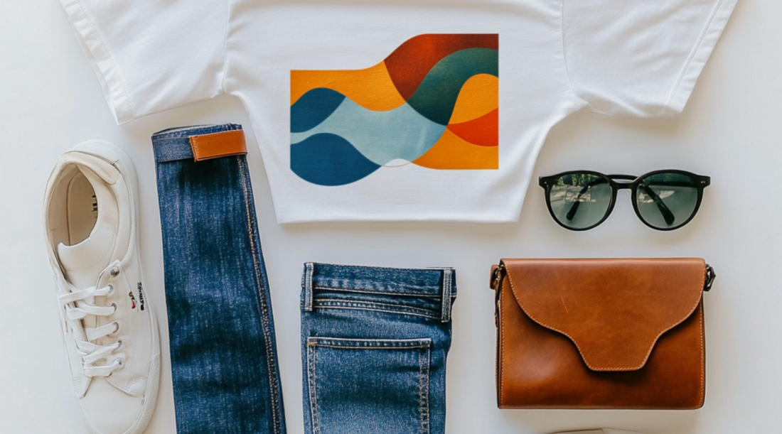 Flat lay of graphic tee with jeans, sneakers, sunglasses, and handbag.