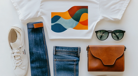 Flat lay of graphic tee with jeans, sneakers, sunglasses, and handbag.