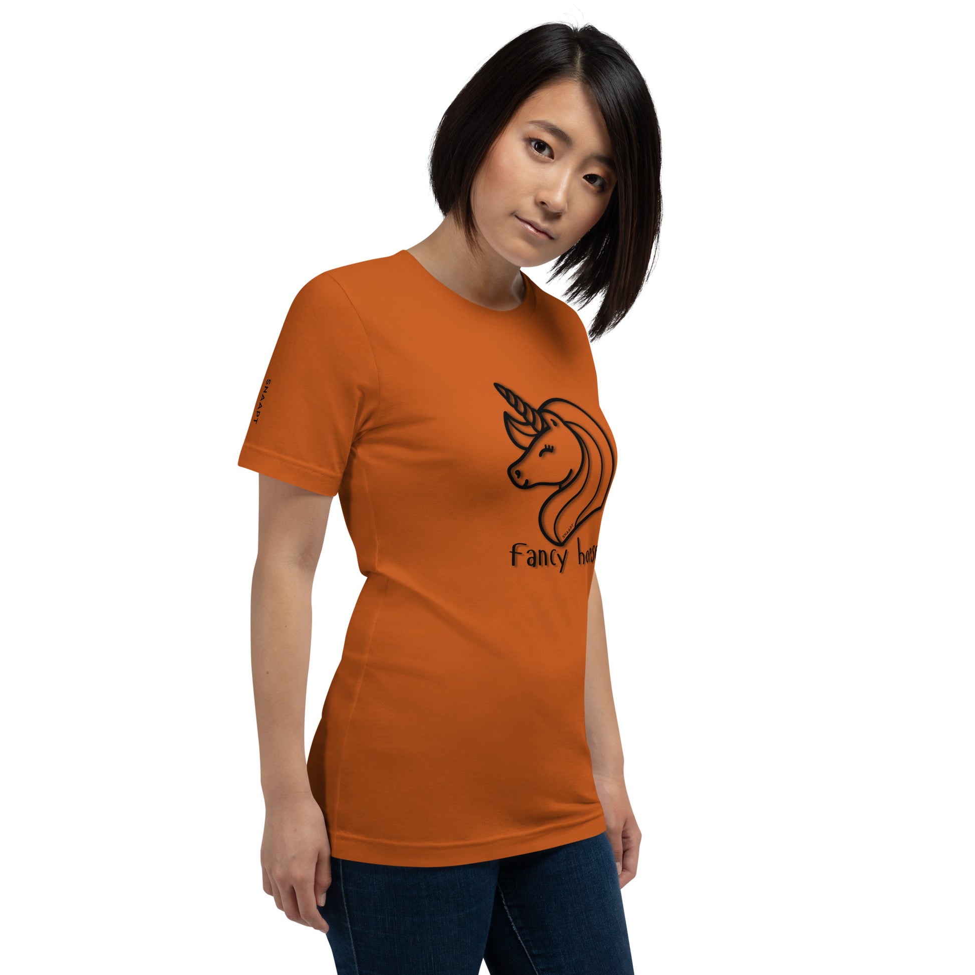 Side view of SNAAPT Fancy Horse T-Shirt in Autumn color, comfortable and breathable casual wear