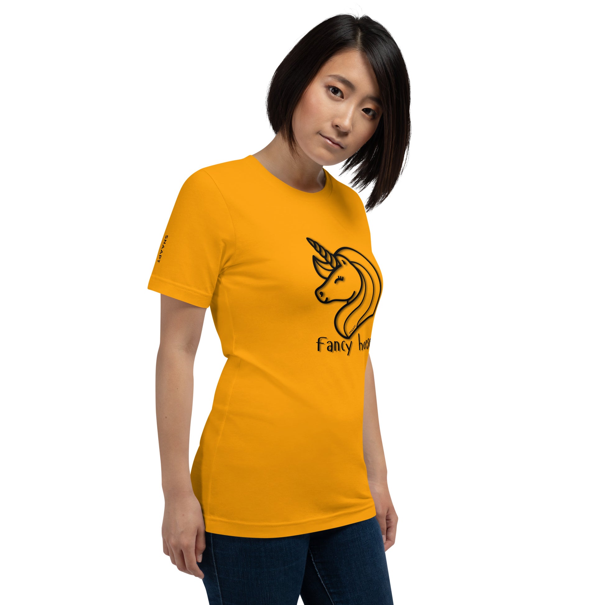 Side view of SNAAPT Fancy Horse T-Shirt in Gold color, comfortable and breathable casual wear