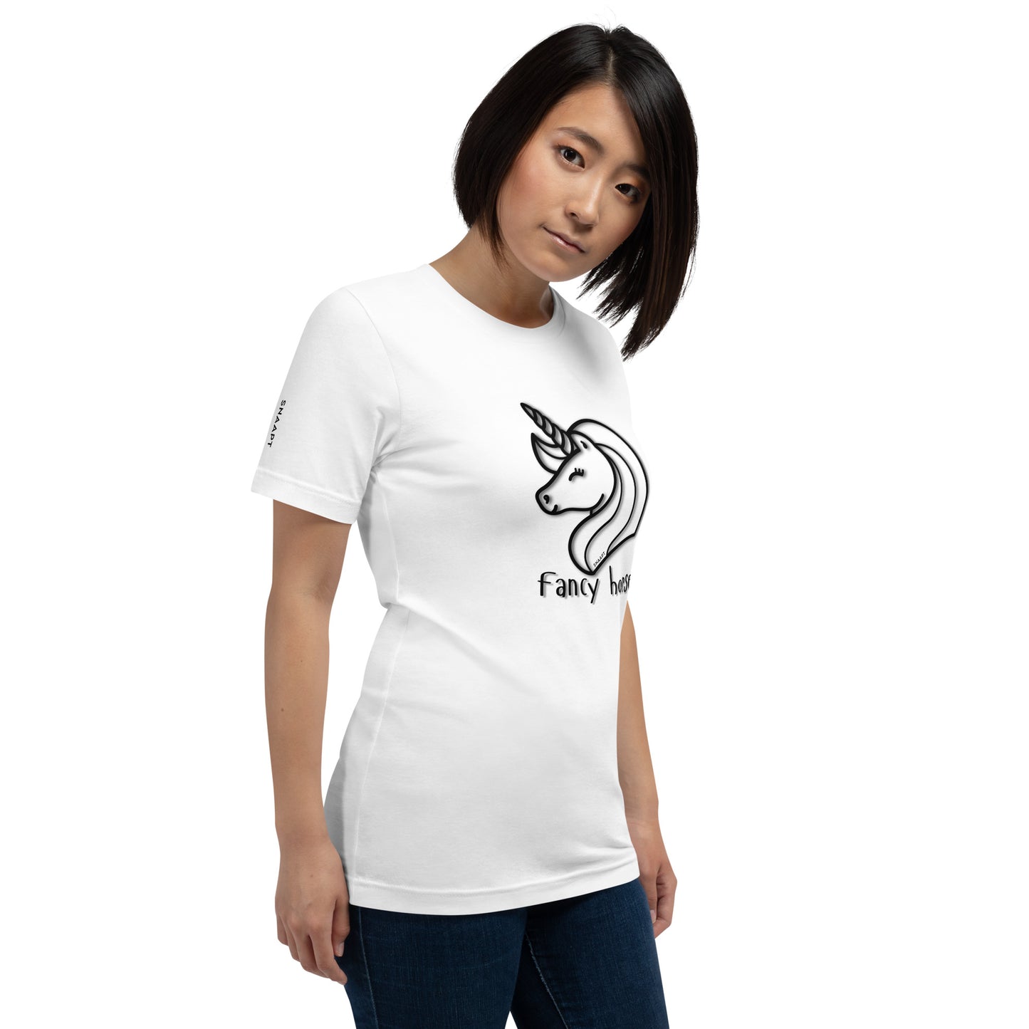 Side view of SNAAPT Fancy Horse T-Shirt in White color, comfortable and breathable casual wear