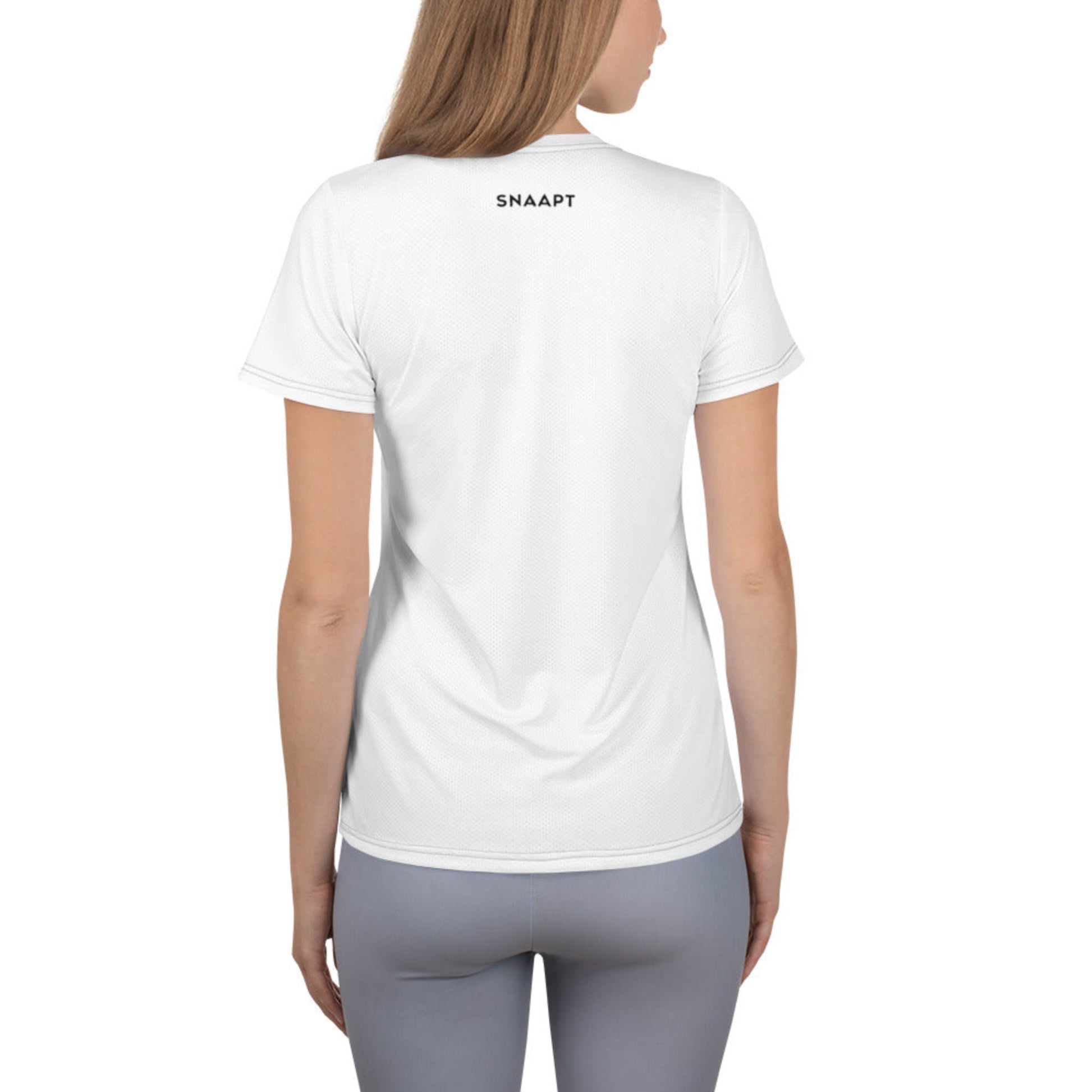 Back view of SNAAPT Fancy Horse Women’s Athletic T-shirt with Snaapt branding, lightweight and durable for activewear.