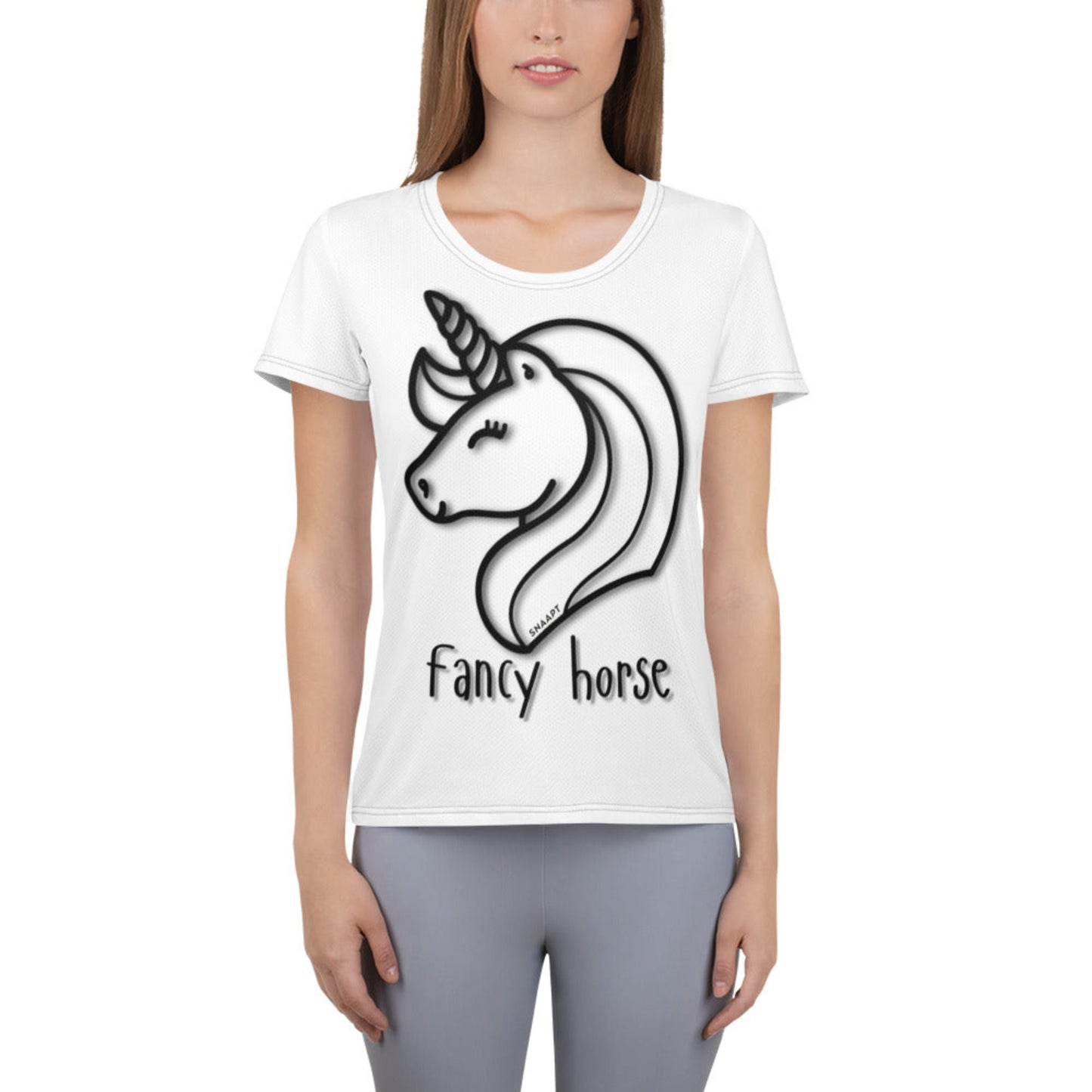 SNAAPT Fancy Horse Women’s Athletic T-shirt front view featuring bold horse graphic, breathable and moisture-wicking fabric.