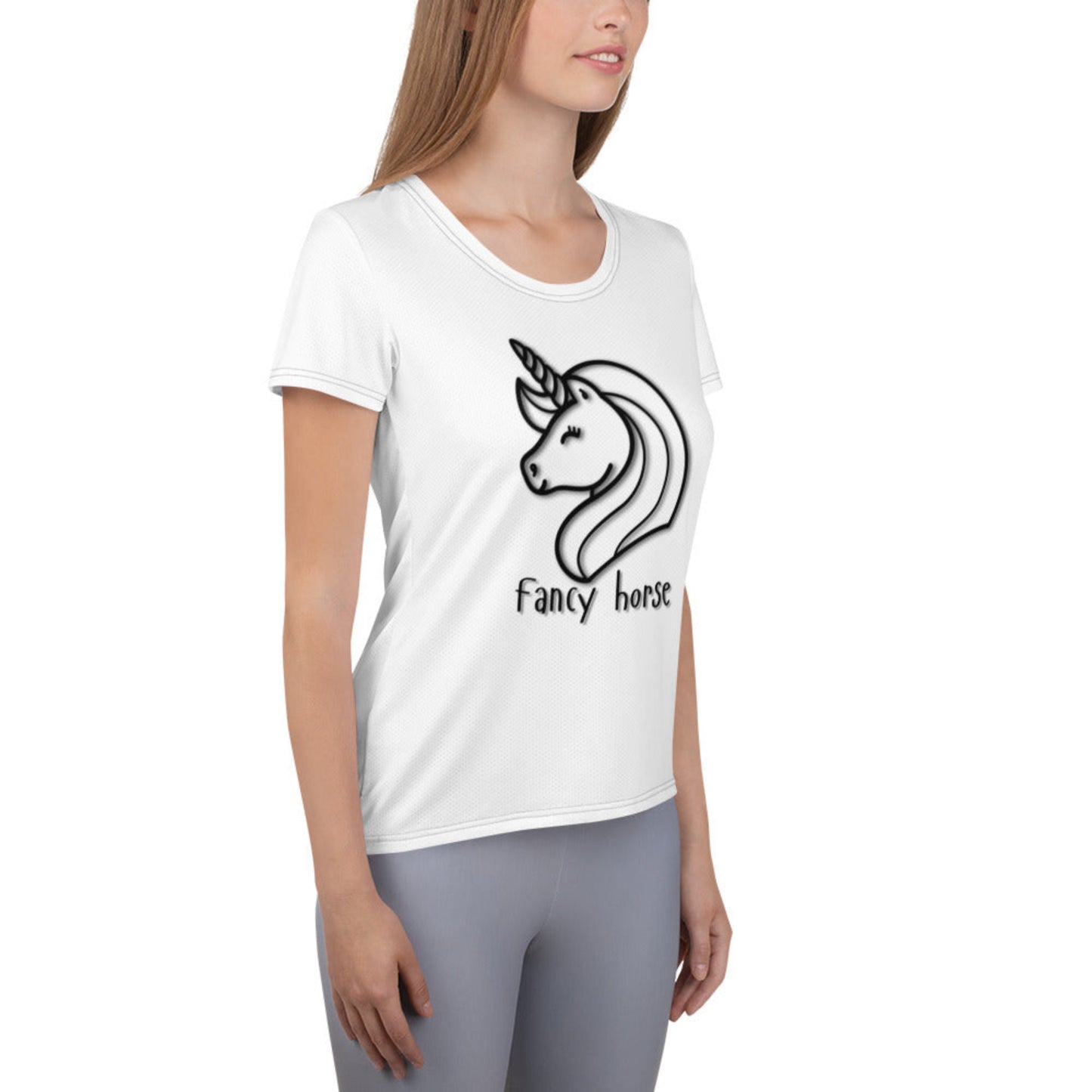 Side view of SNAAPT Fancy Horse Women’s Athletic T-shirt showing comfortable fit and athletic style.