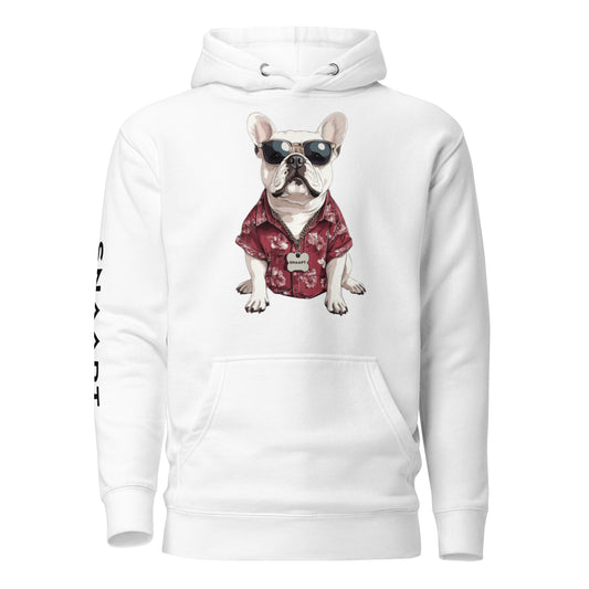 Front view of SNAAPT French Bulldog Hoodie in white, showcasing a French Bulldog graphic. Lightweight and stylish for Frenchie fans.