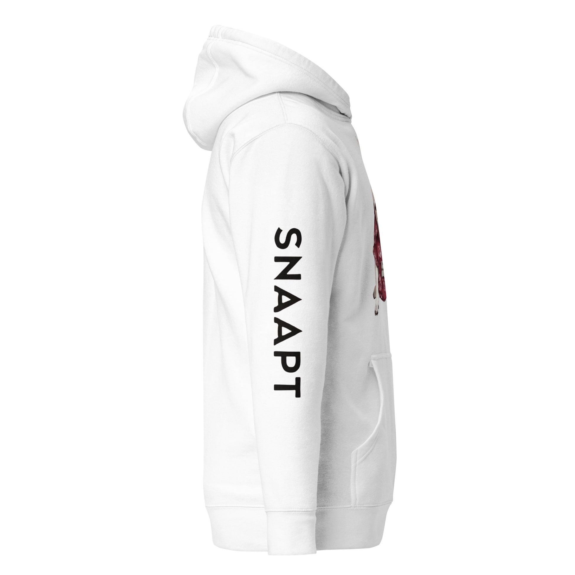 Side view of SNAAPT French Bulldog Hoodie in white with Snaapt branding on the sleeve. Cozy and ideal for casual outings.