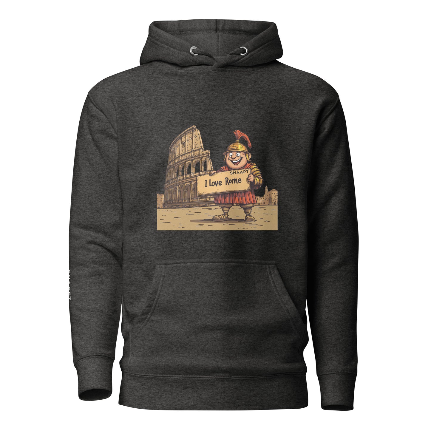 SNAAPT I Love Rome hoodie in charcoal heather, front view with classic Rome-themed design, ideal for travel enthusiasts.