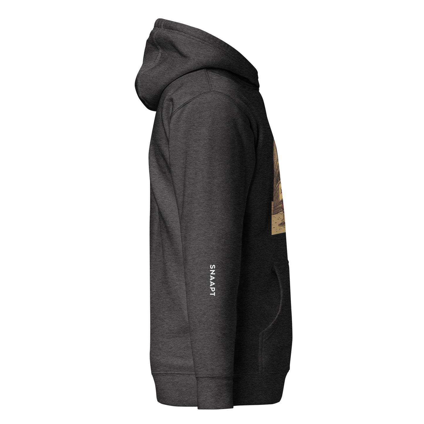 SNAAPT I Love Rome hoodie in charcoal heather, side view showcasing Rome graphic for relaxed travel style