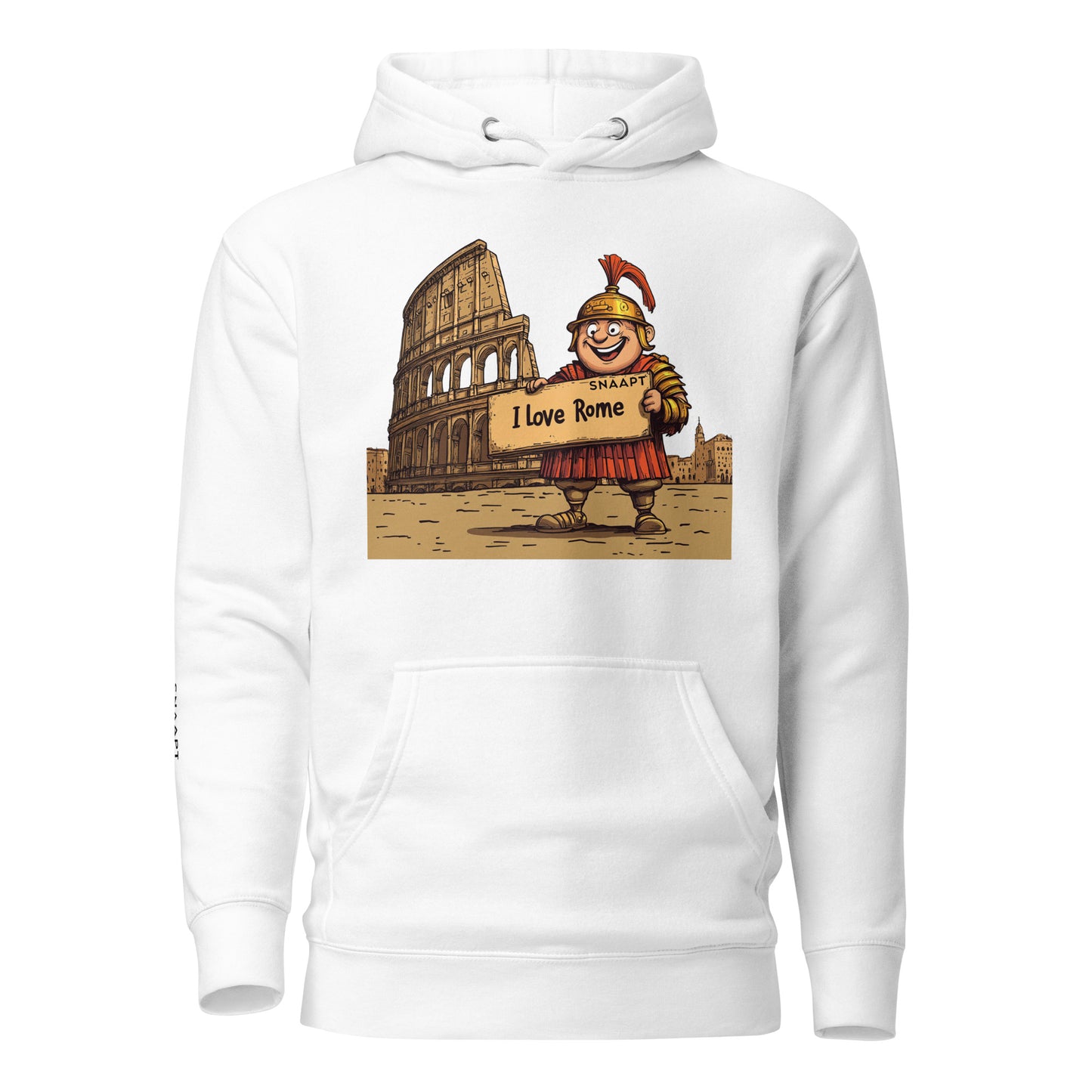 SNAAPT I Love Rome hoodie in white, front view featuring bold Rome graphic, perfect for Italian style lovers