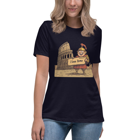 Woman wearing a navy SNAAPT 'I Love Rome' relaxed-fit t-shirt with Rome graphic, front view