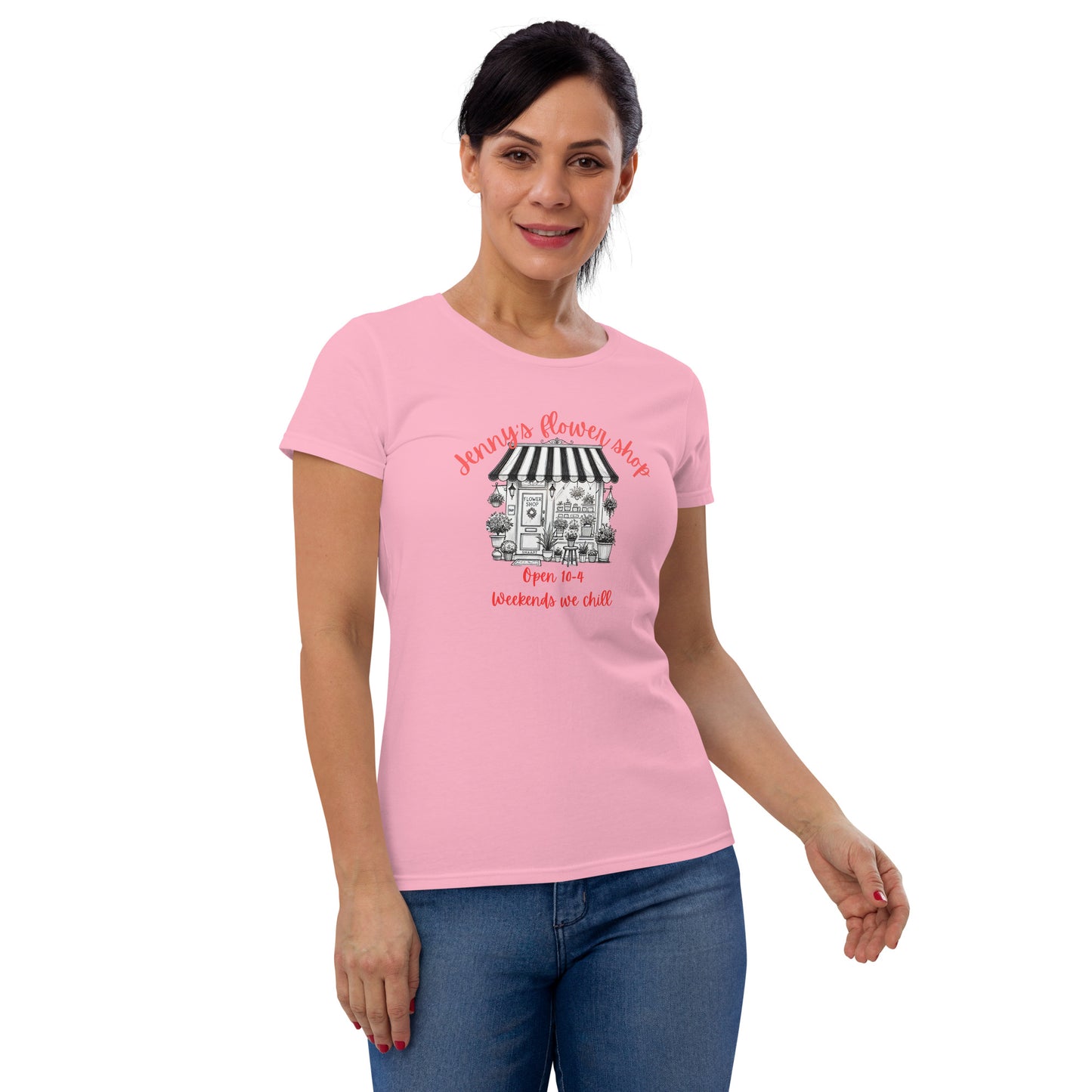 SNAAPT Jenny's Women's Short Sleeve T-shirt in Charity Pink, front view, cute and cozy fit.