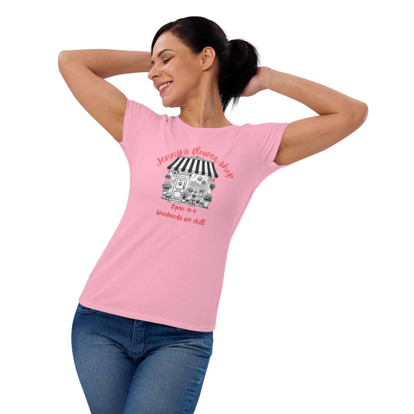 SNAAPT Jenny's Women's Short Sleeve T-shirt in Charity Pink, front view, perfect for a playful look.