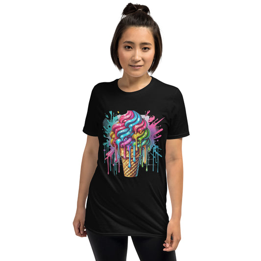 SNAAPT women's T-shirt in black featuring bold ice cream graffiti design, front view.